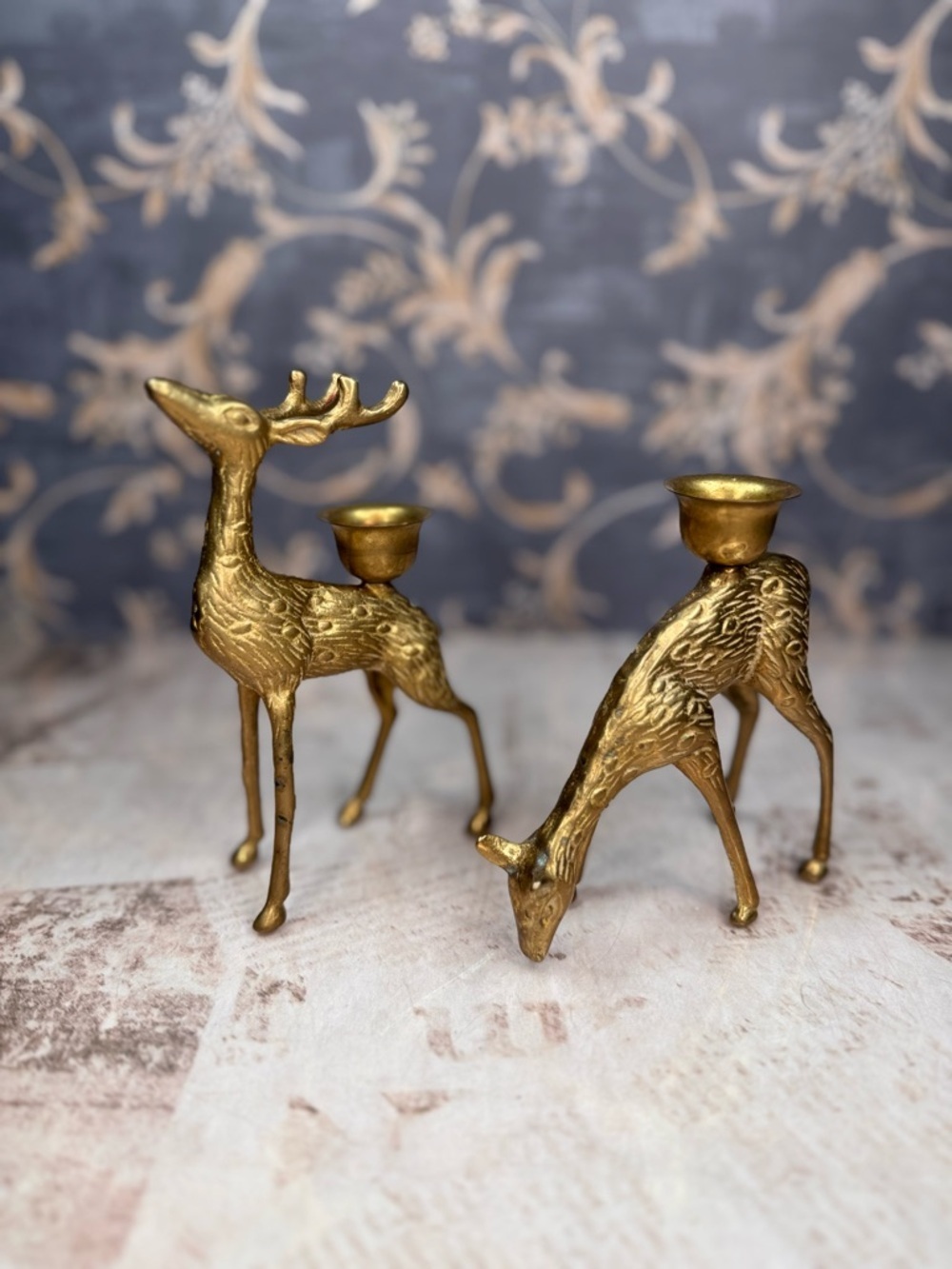 Vintage Brass Deer Candle Holders Pair Stag Figurine Taper Holders